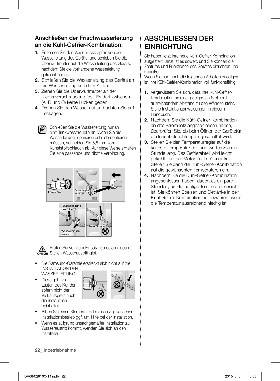 Samsung RF24FSEDBSR/EG, RF24FSEDBSR/EO, RF24FSEDBSR/ES, RF24FSEDBSR/EF manual Abschliessen DER Einrichtung 