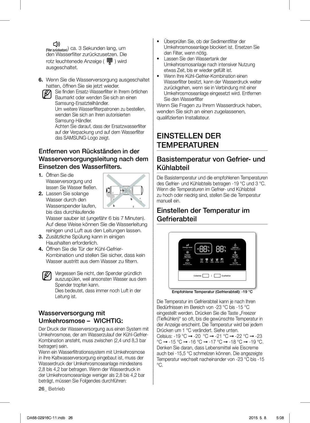 Samsung RF24FSEDBSR/EG, RF24FSEDBSR/EO manual Einstellen DER Temperaturen, Basistemperatur von Gefrier- und Kühlabteil 