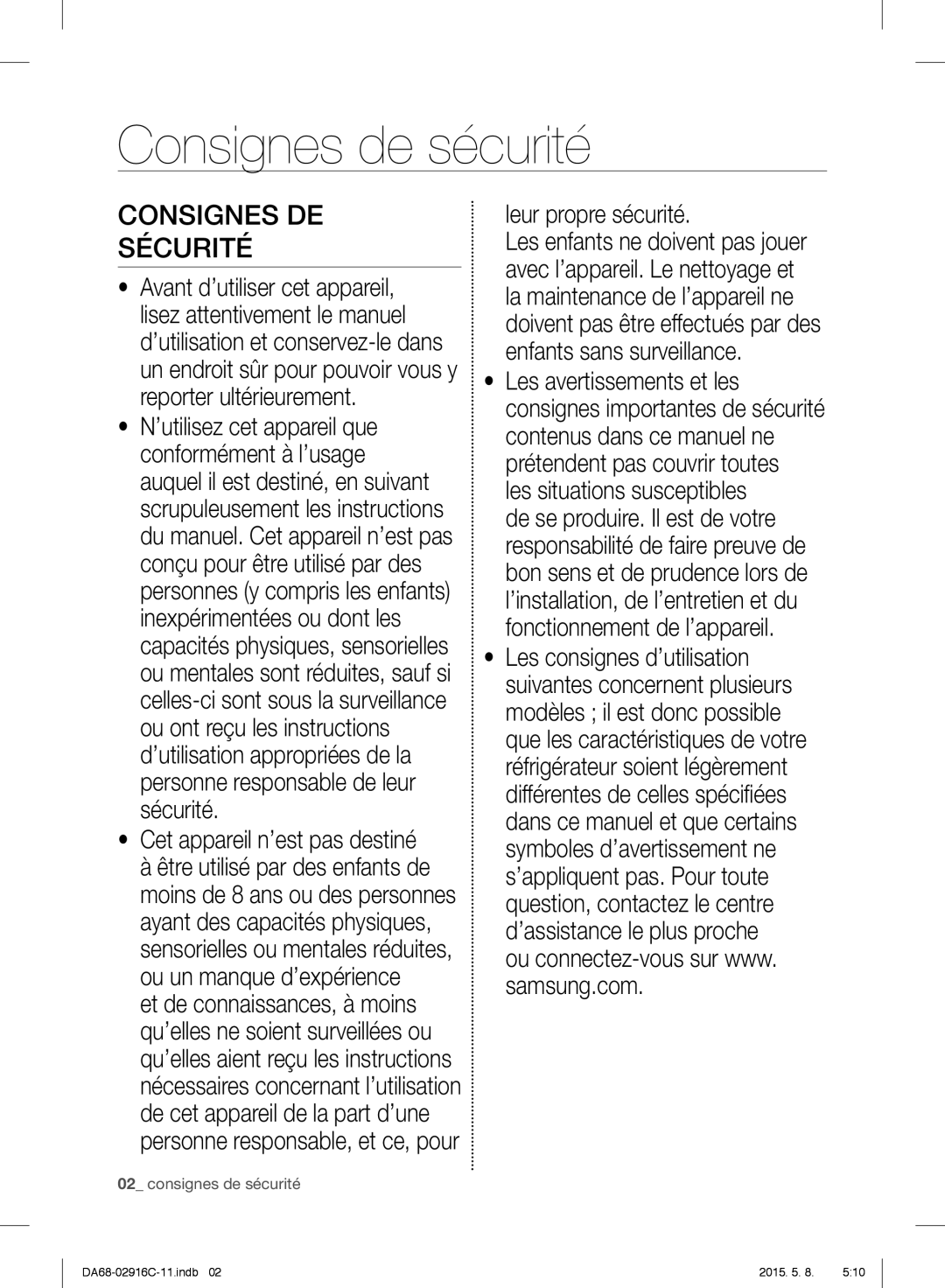 Samsung RF24FSEDBSR/EG, RF24FSEDBSR/EO, RF24FSEDBSR/ES Consignes de sécurité, Consignes DE Sécurité, Leur propre sécurité 