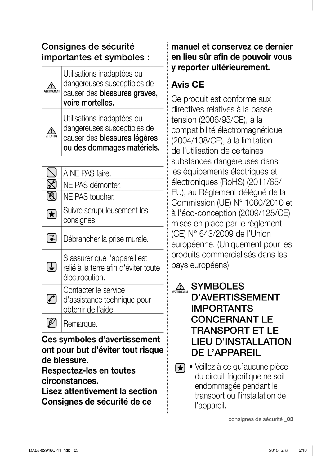 Samsung RF24FSEDBSR/EF, RF24FSEDBSR/EO manual Symboles, Consignes de sécurité importantes et symboles, Voire mortelles 