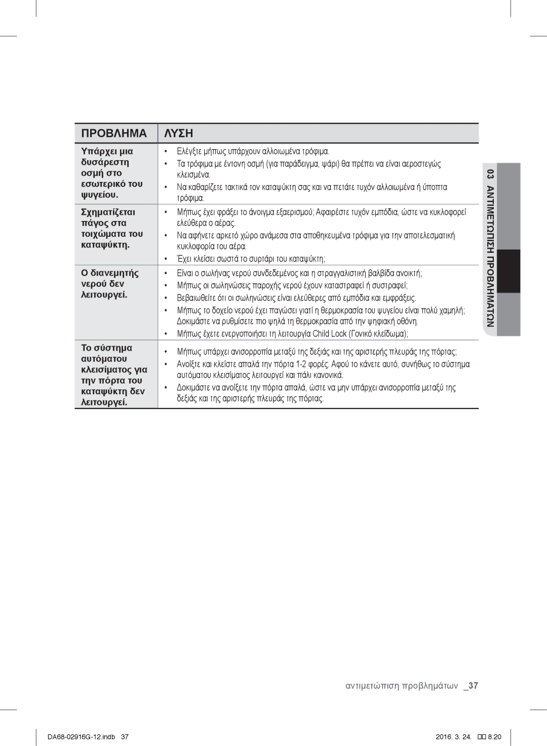 Samsung RF24FSEDBSR/ES manual Οσμή στο Κλεισμένα Εσωτερικό του, Ψυγείου Τρόφιμα Σχηματίζεται, Το σύστημα, Αυτόματου 