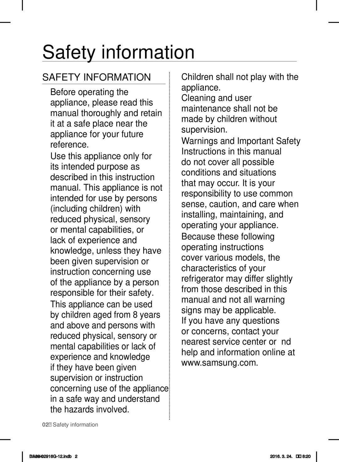 Samsung RF24FSEDBSR/EG, RF24FSEDBSR/EO, RF24FSEDBSR/ES, RF24FSEDBSR/EF manual Safety information, Safety Information 