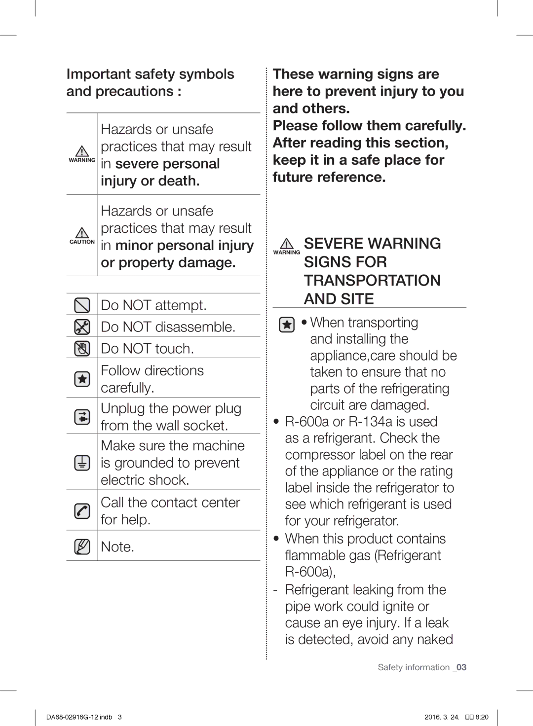 Samsung RF24FSEDBSR/EF, RF24FSEDBSR/EO, RF24FSEDBSR/ES manual Severe Warning Warning Signs for, Transportation and Site 