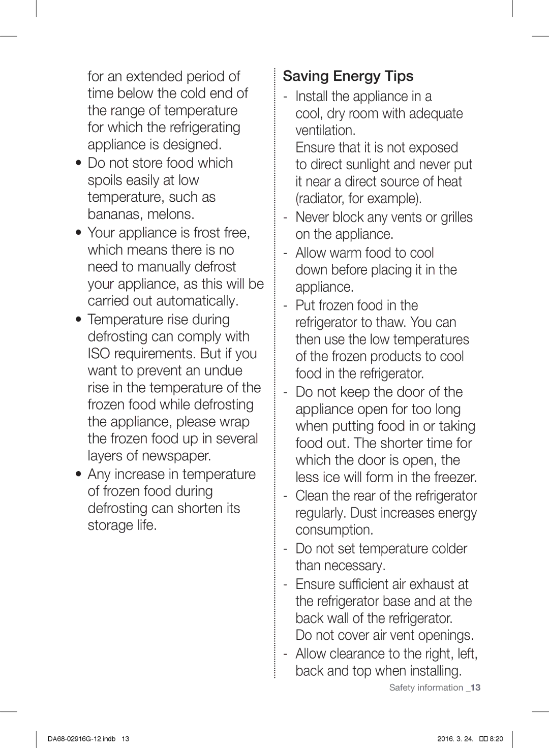 Samsung RF24FSEDBSR/ES, RF24FSEDBSR/EO manual Do not set temperature colder than necessary, Do not cover air vent openings 