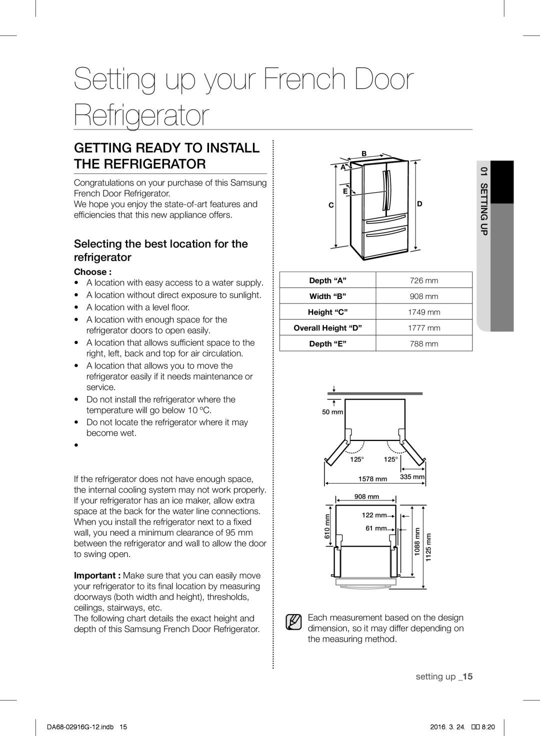 Samsung RF24FSEDBSR/EF manual Setting up your French Door Refrigerator, Getting Ready to Install the Refrigerator, Choose 