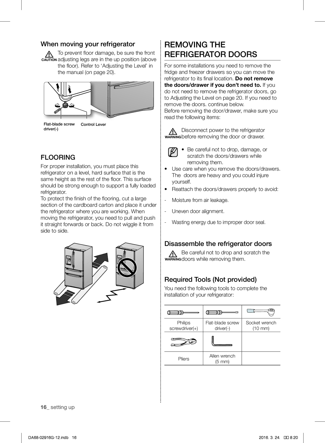 Samsung RF24FSEDBSR/EO Removing the Refrigerator Doors, When moving your refrigerator, Disassemble the refrigerator doors 