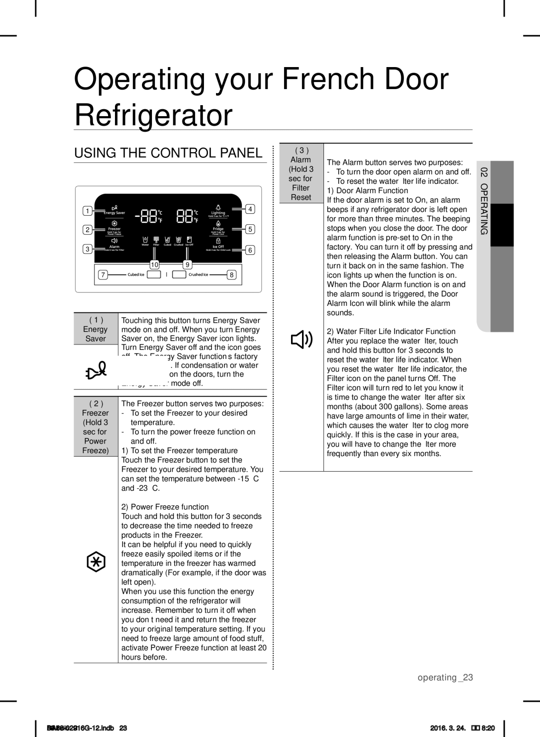 Samsung RF24FSEDBSR/EF, RF24FSEDBSR/EO manual Operating your French Door Refrigerator, Using the Control Panel, 02operating 