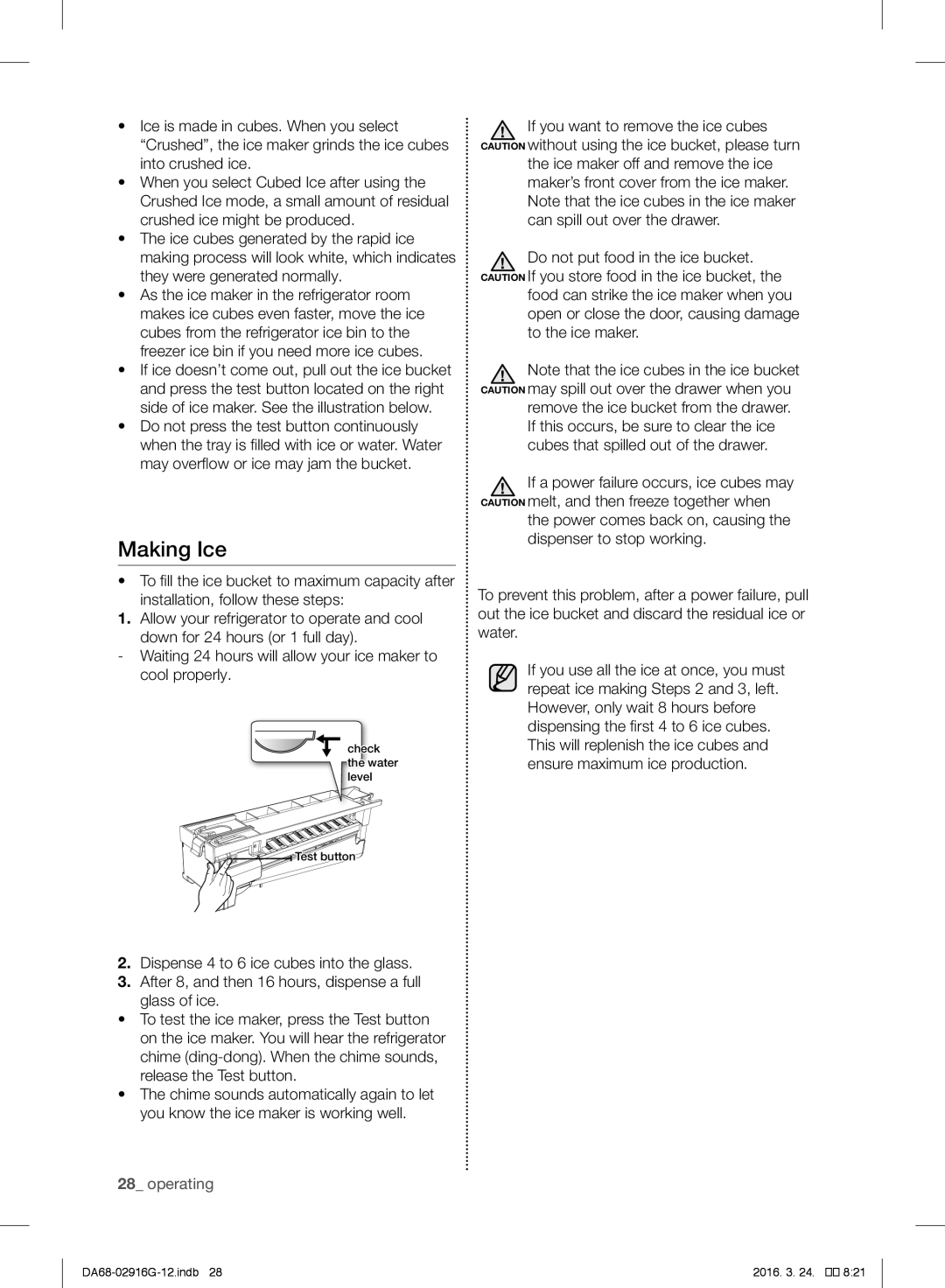 Samsung RF24FSEDBSR/EO, RF24FSEDBSR/ES, RF24FSEDBSR/EG manual Making Ice, Do not press the test button continuously, Bucket 