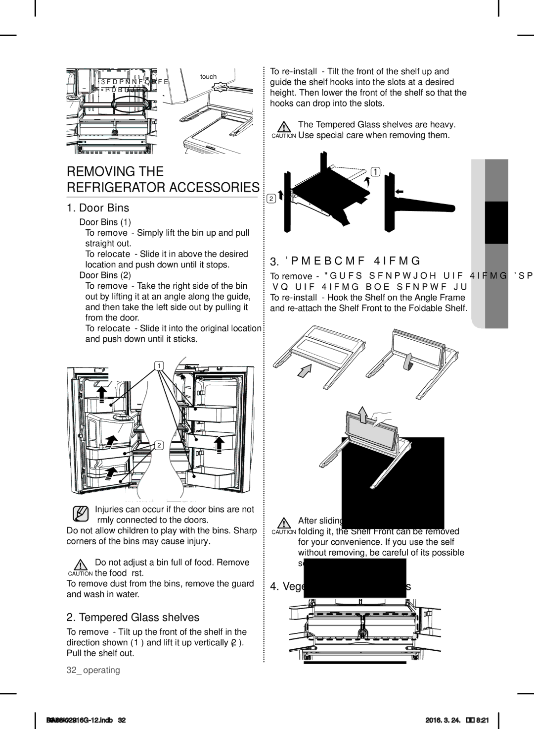 Samsung RF24FSEDBSR/EO, RF24FSEDBSR/ES manual Door Bins, Foldable Shelf, Tempered Glass shelves, Vegetable & Fruit Drawers 