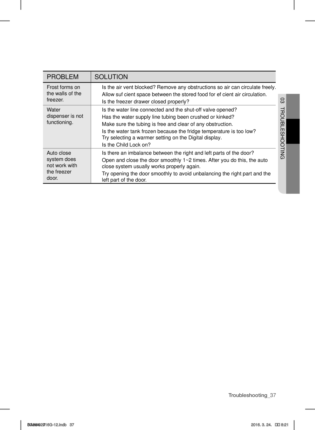 Samsung RF24FSEDBSR/ES manual Frost forms on, Walls, Water, Functioning, Auto close, System does, Not work with, Door 