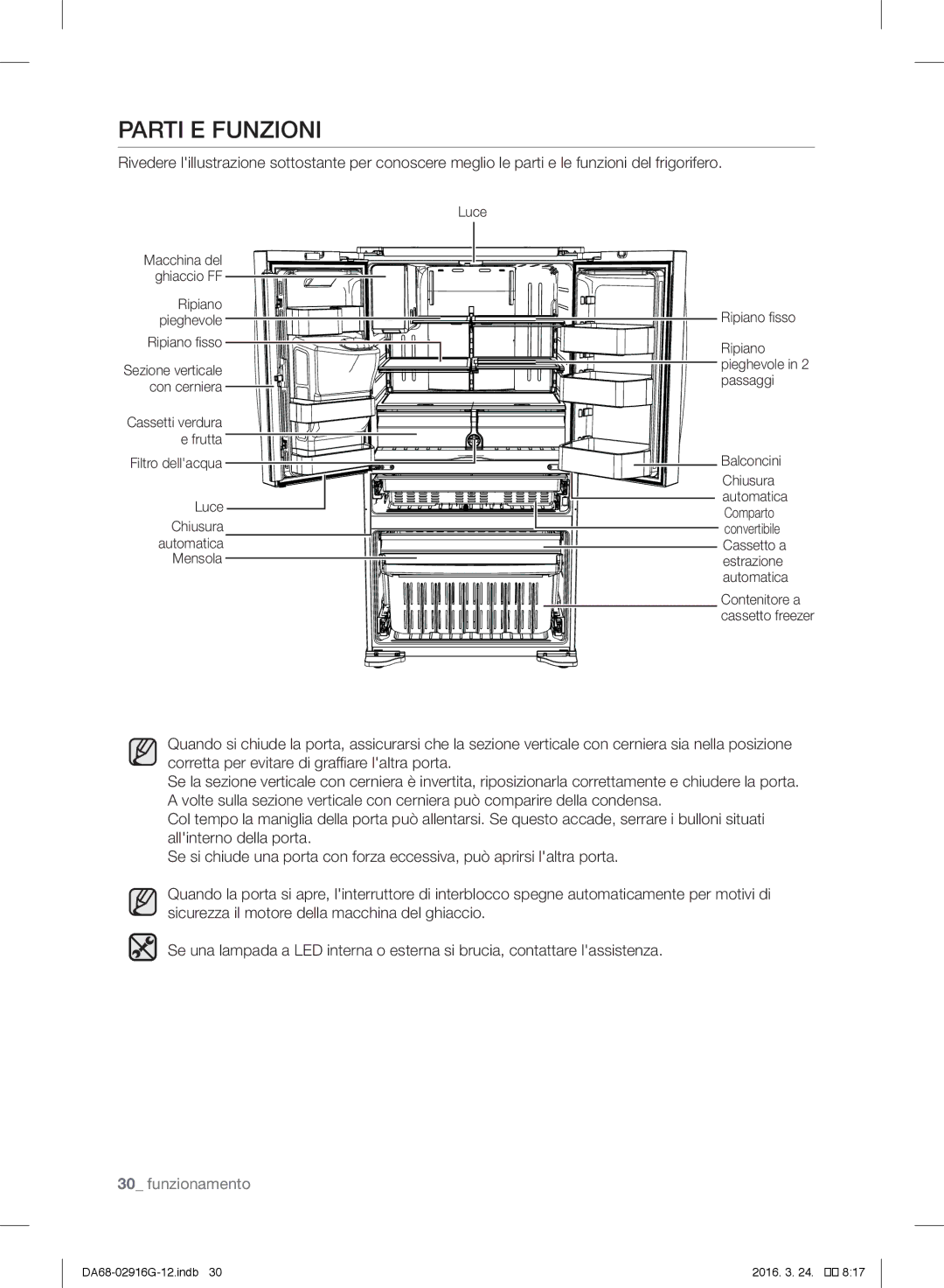 Samsung RF24FSEDBSR/EG, RF24FSEDBSR/EO manual Parti E Funzioni, Ripiano fisso Ripiano pieghevole in 2 passaggi Balconcini 