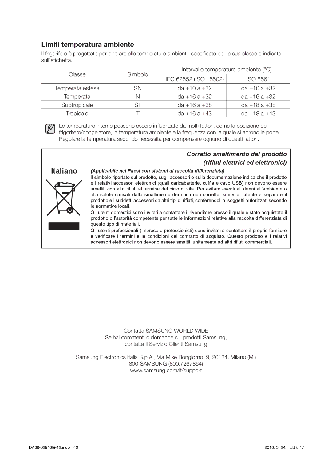 Samsung RF24FSEDBSR/EO, RF24FSEDBSR/ES, RF24FSEDBSR/EG manual Limiti temperatura ambiente, Da +16 a +43 Da +18 a +43 