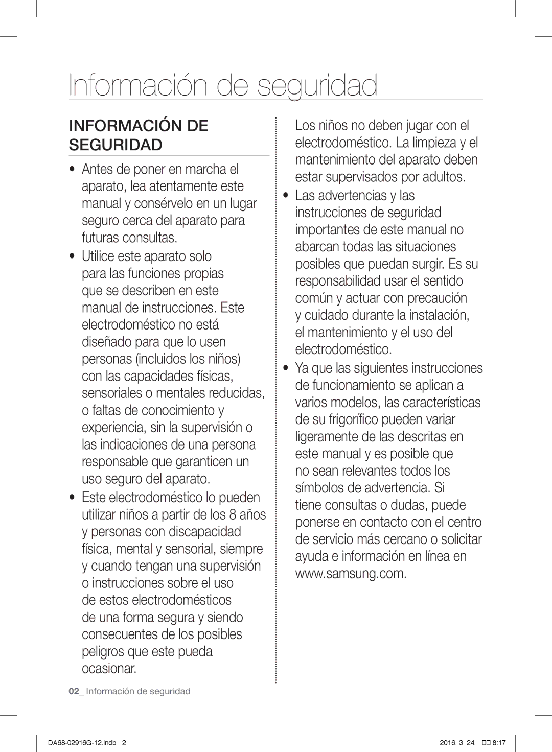 Samsung RF24FSEDBSR/EG, RF24FSEDBSR/EO, RF24FSEDBSR/ES, RF24FSEDBSR/EF Información de seguridad, Información DE Seguridad 