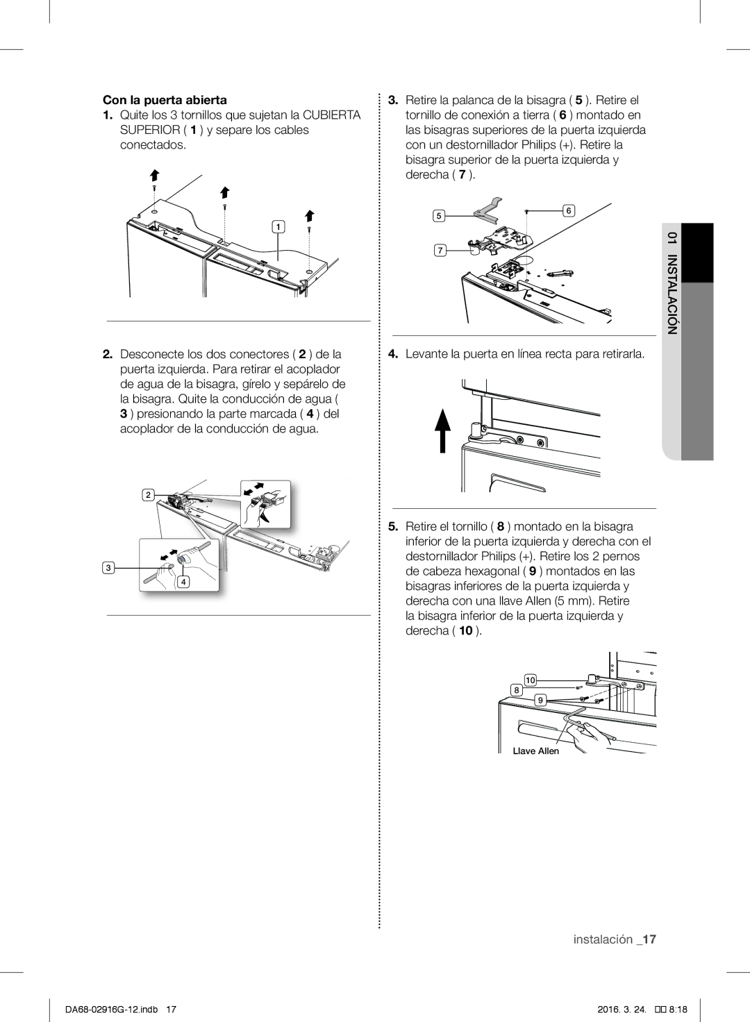 Samsung RF24FSEDBSR/ES, RF24FSEDBSR/EO manual Con la puerta abierta, La bisagra inferior de la puerta izquierda y derecha 