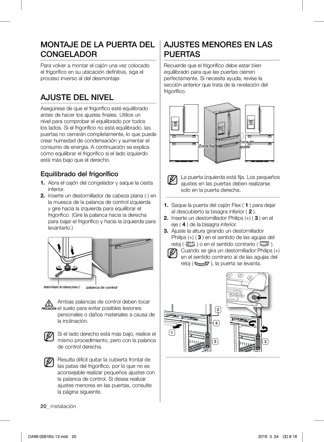 Samsung RF24FSEDBSR/EO manual Montaje DE LA Puerta DEL Congelador, Ajuste DEL Nivel, Ajustes Menores EN LAS Puertas 