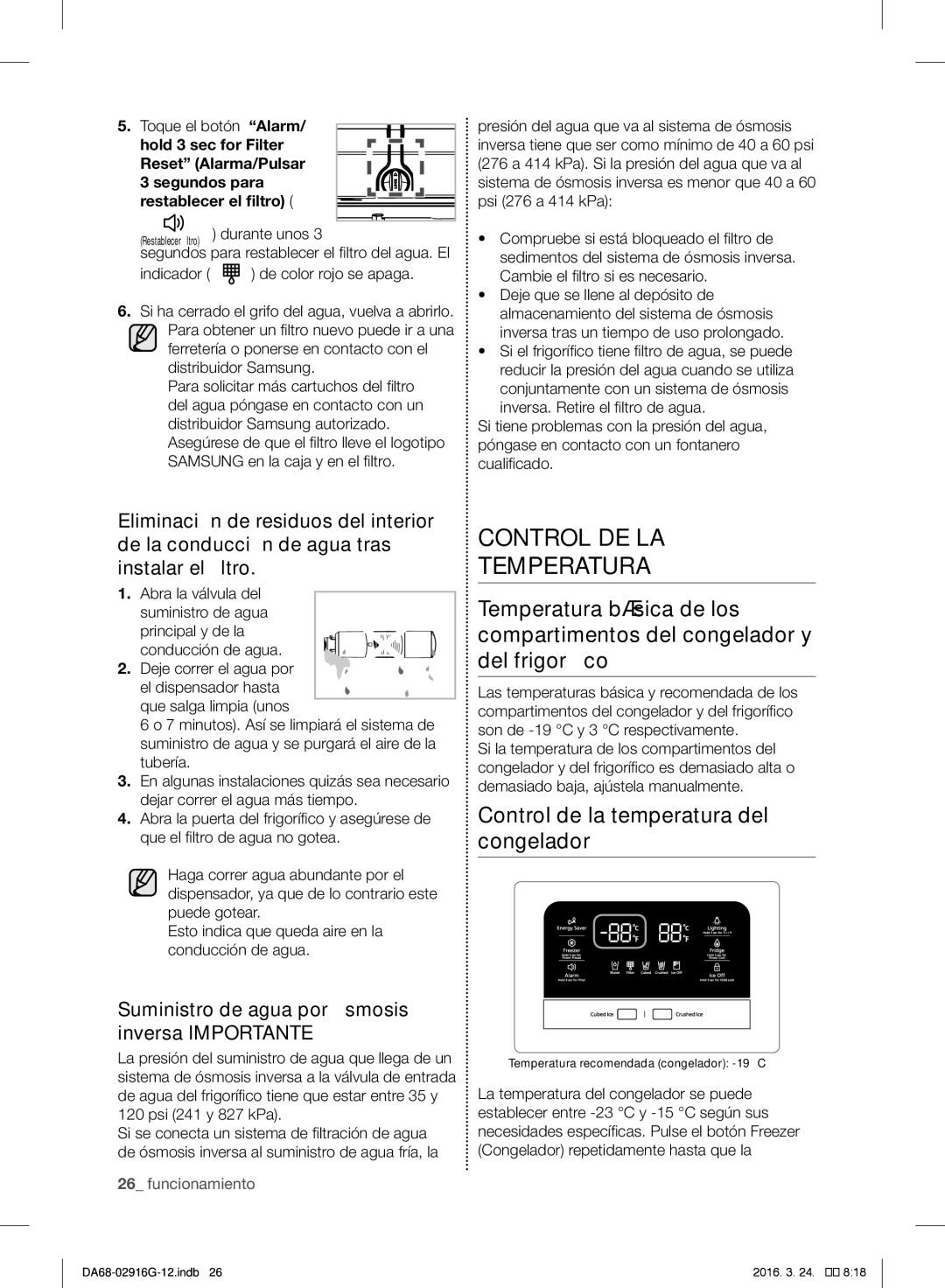 Samsung RF24FSEDBSR/EG manual Control DE LA Temperatura, Control de la temperatura del congelador, Toque el botón Alarm 