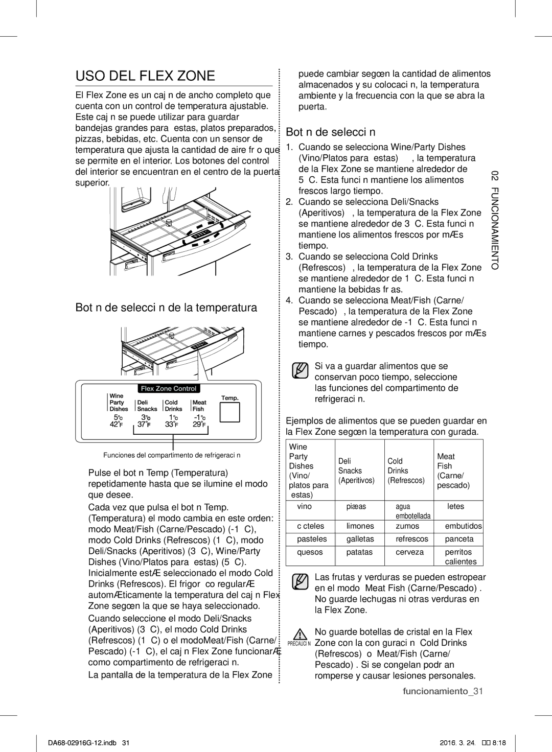 Samsung RF24FSEDBSR/EF, RF24FSEDBSR/EO, RF24FSEDBSR/ES manual USO DEL Flex Zone, Botón de selección de la temperatura 