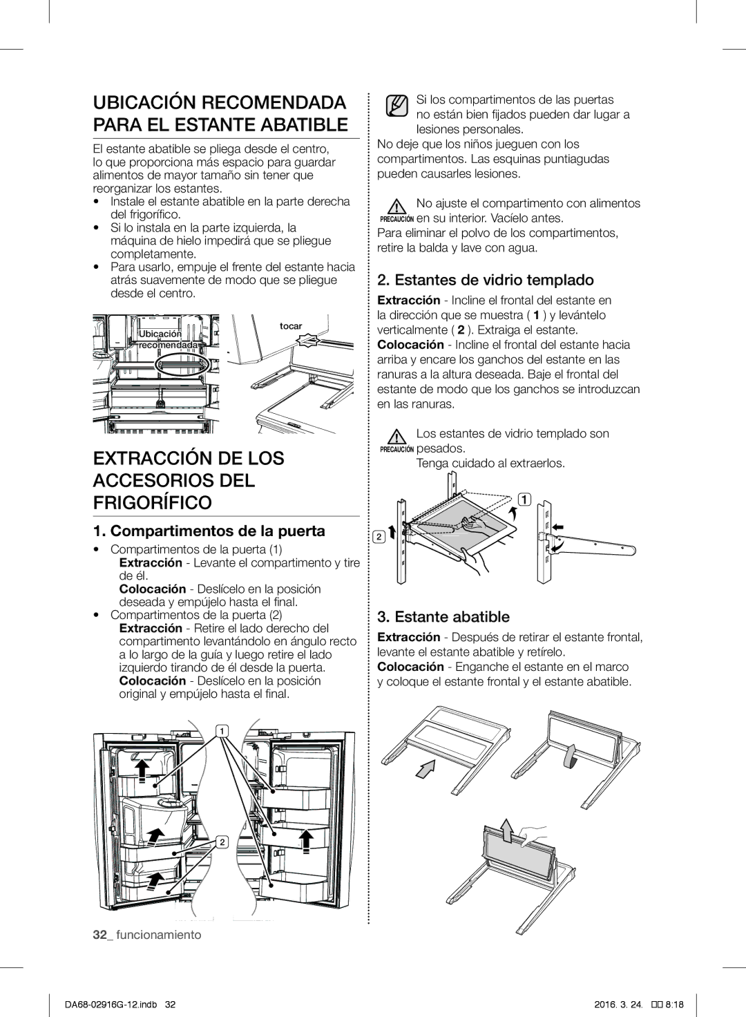 Samsung RF24FSEDBSR/EO manual Extracción DE LOS Accesorios DEL Frigorífico, Estantes de vidrio templado, Estante abatible 