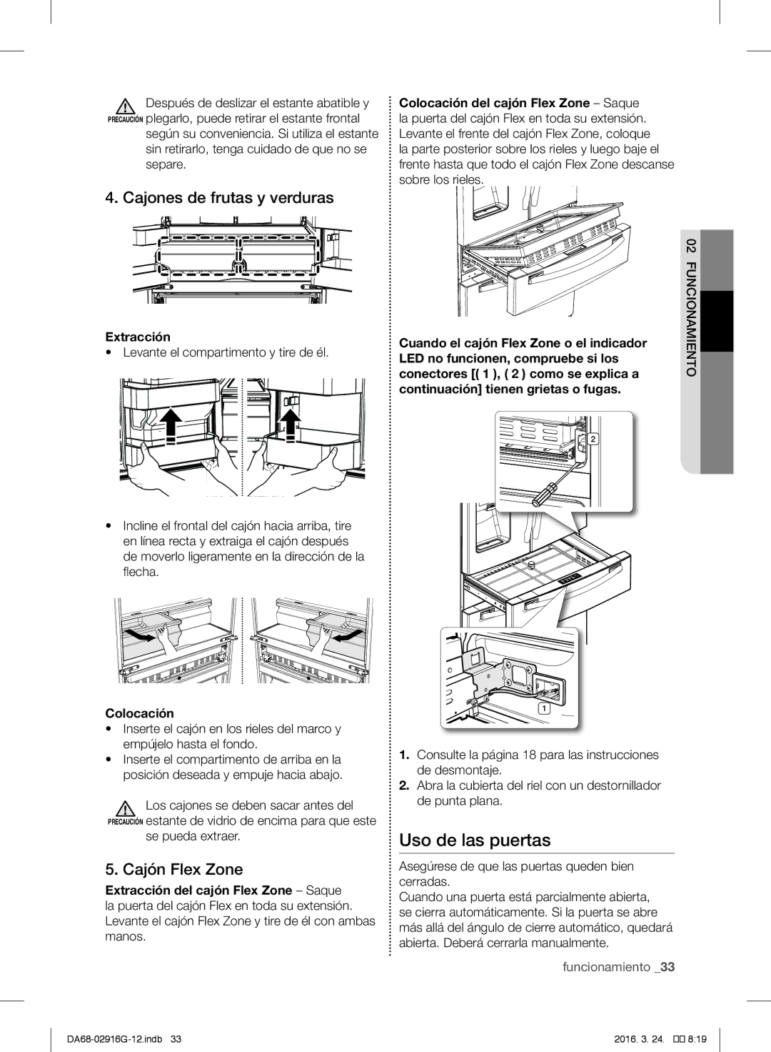 Samsung RF24FSEDBSR/ES, RF24FSEDBSR/EO manual Cajones de frutas y verduras, Cajón Flex Zone, Extracción, Colocación 