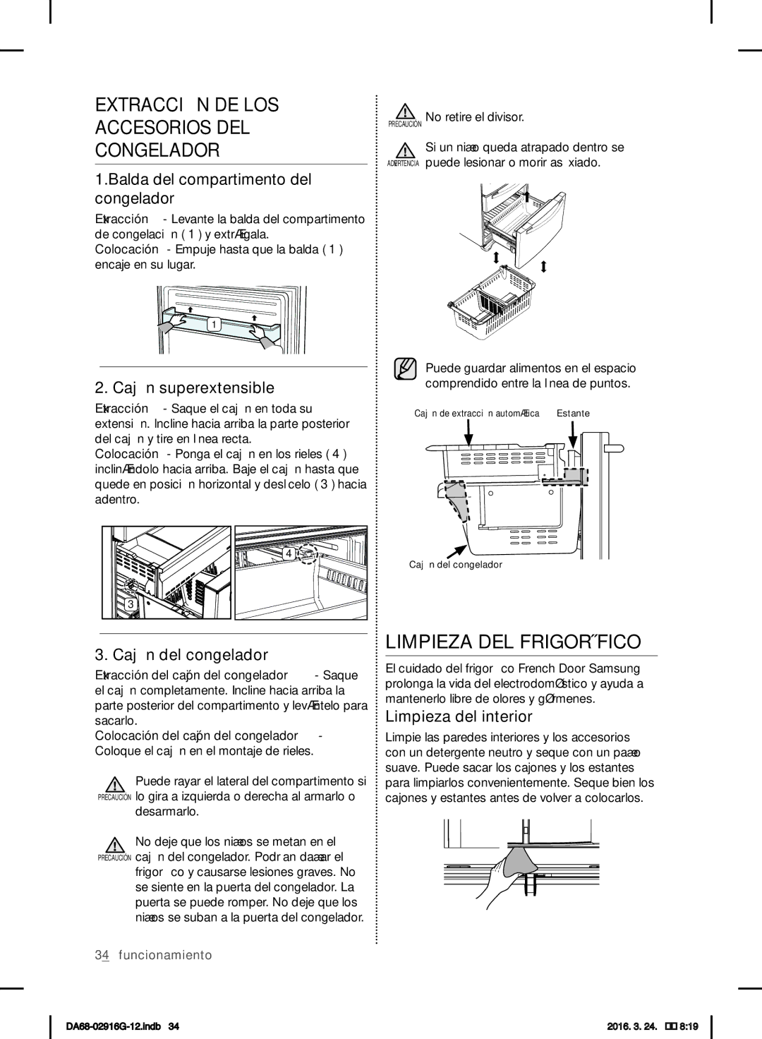 Samsung RF24FSEDBSR/EG, RF24FSEDBSR/EO manual Extracción DE LOS Accesorios DEL Congelador, Limpieza DEL Frigorífico 