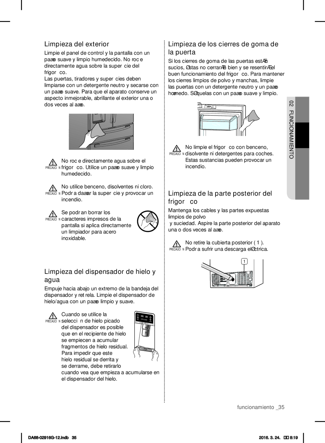 Samsung RF24FSEDBSR/EF, RF24FSEDBSR/EO, RF24FSEDBSR/ES manual Limpieza del exterior, Limpieza del dispensador de hielo y agua 