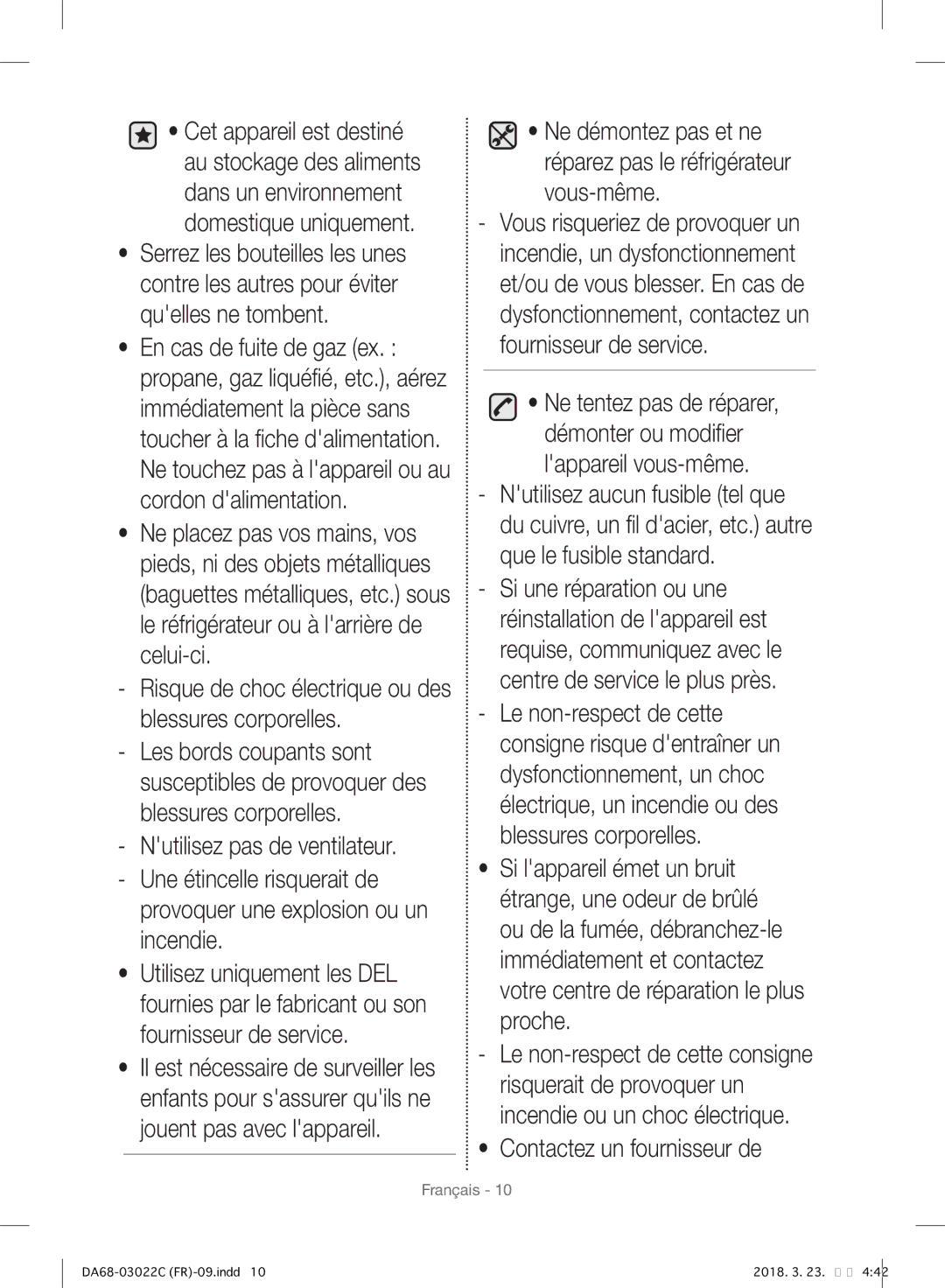 Samsung RF24HSESBSR/EF manual Provoquer une explosion ou un incendie, Contactez un fournisseur de 