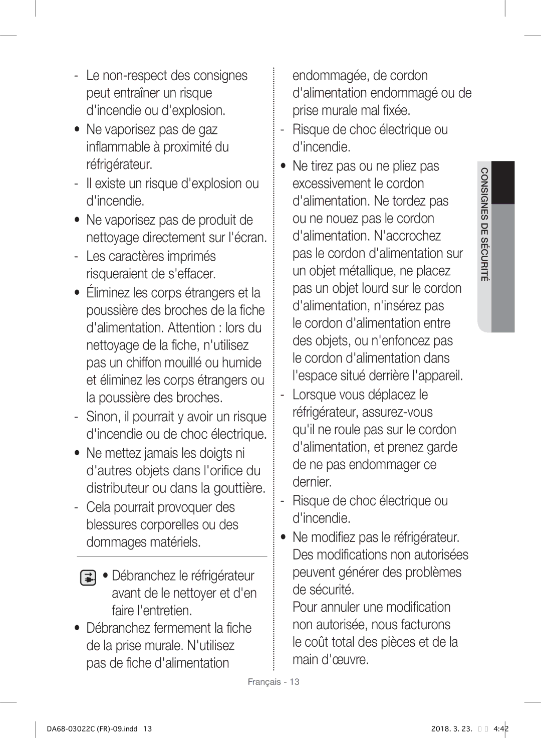 Samsung RF24HSESBSR/EF manual Il existe un risque dexplosion ou dincendie 