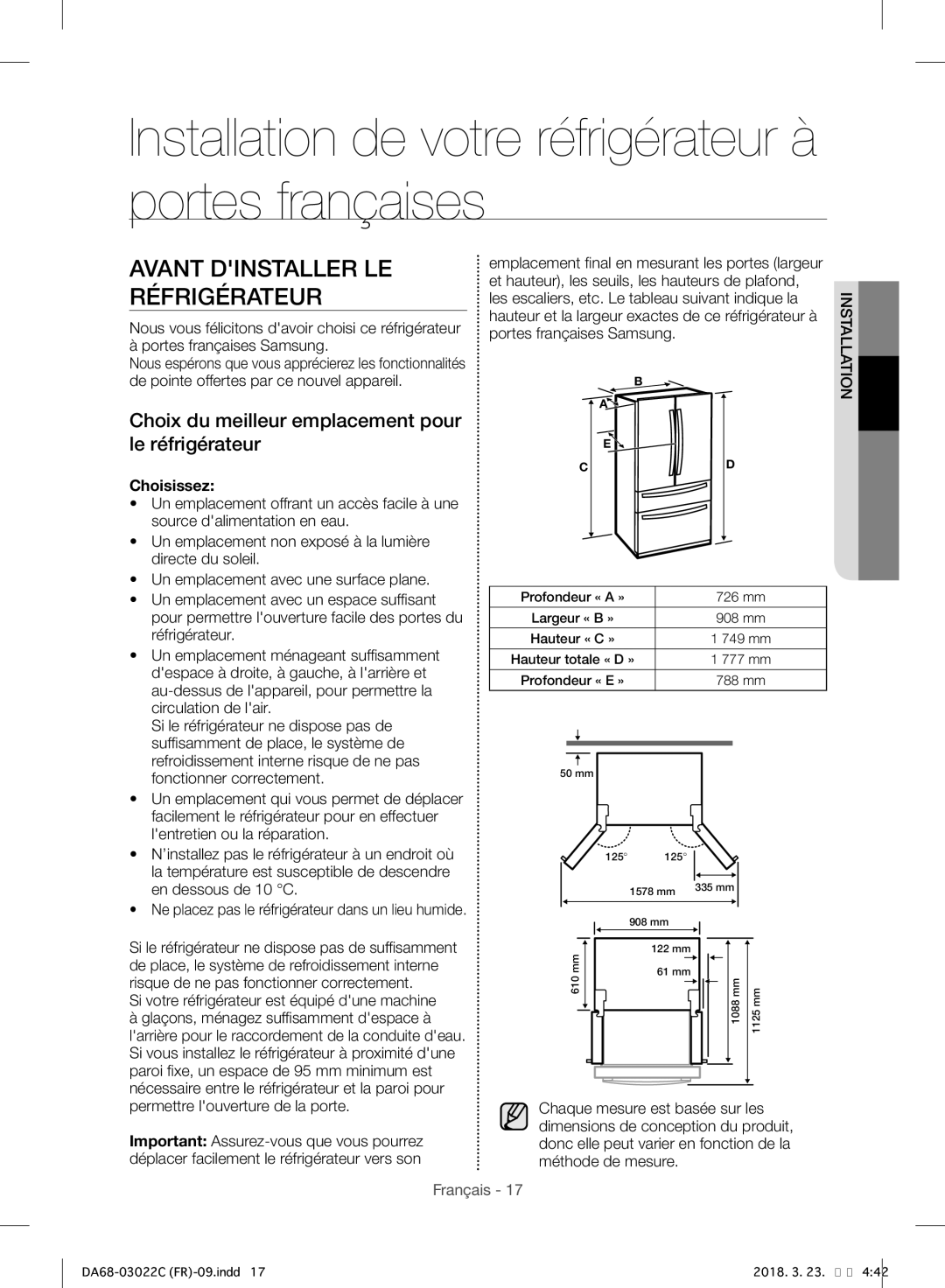 Samsung RF24HSESBSR/EF manual Avant Dinstaller LE Réfrigérateur, Choix du meilleur emplacement pour le réfrigérateur 