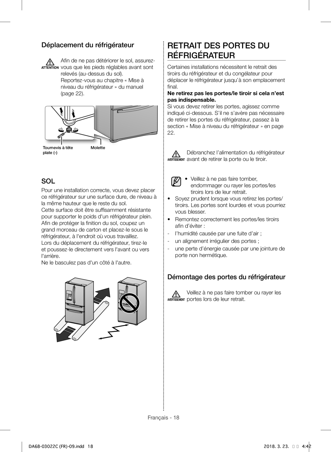 Samsung RF24HSESBSR/EF manual Retrait DES Portes DU Réfrigérateur, Déplacement du réfrigérateur 