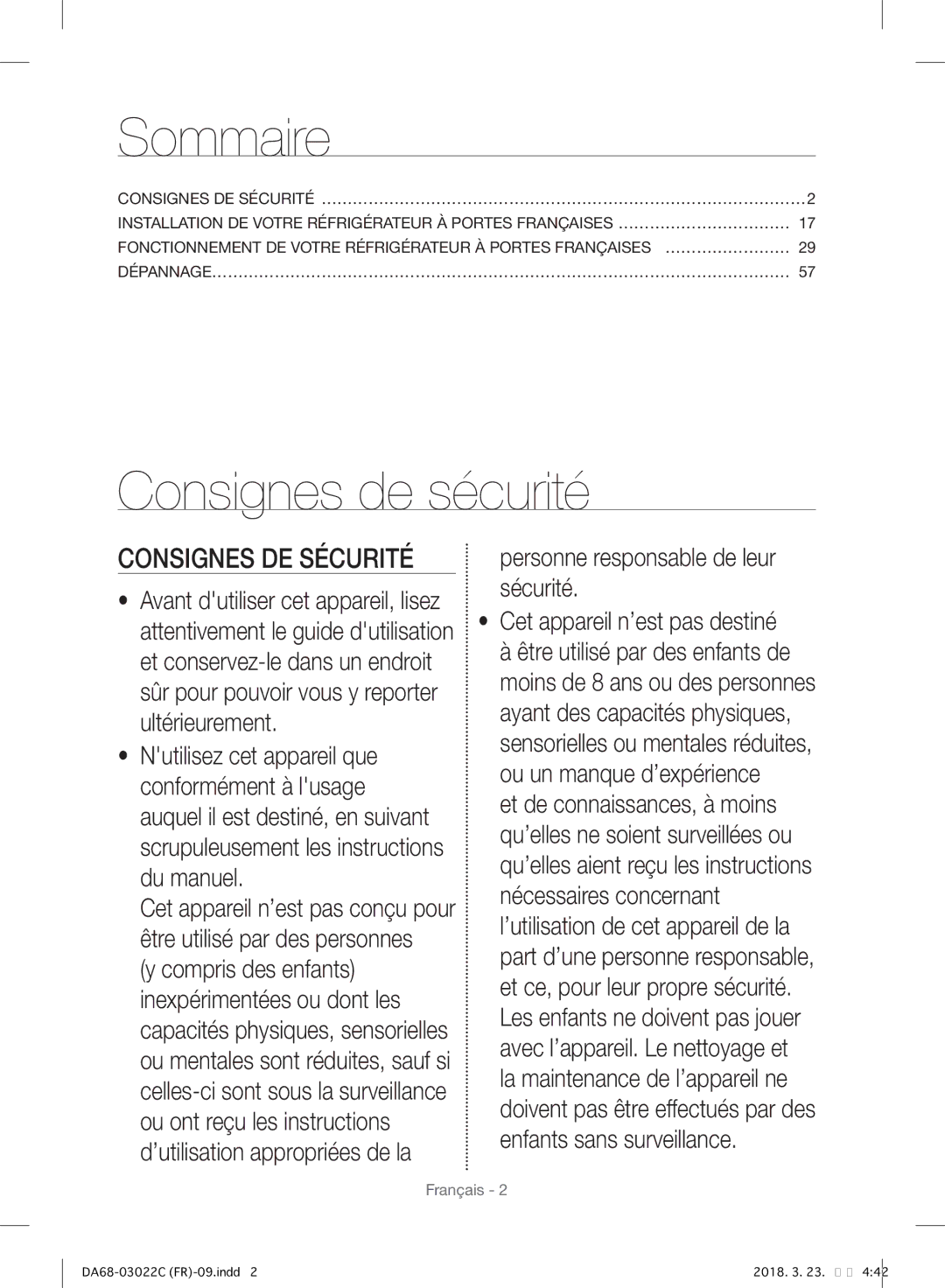 Samsung RF24HSESBSR/EF manual Sommaire, Personne responsable de leur sécurité 