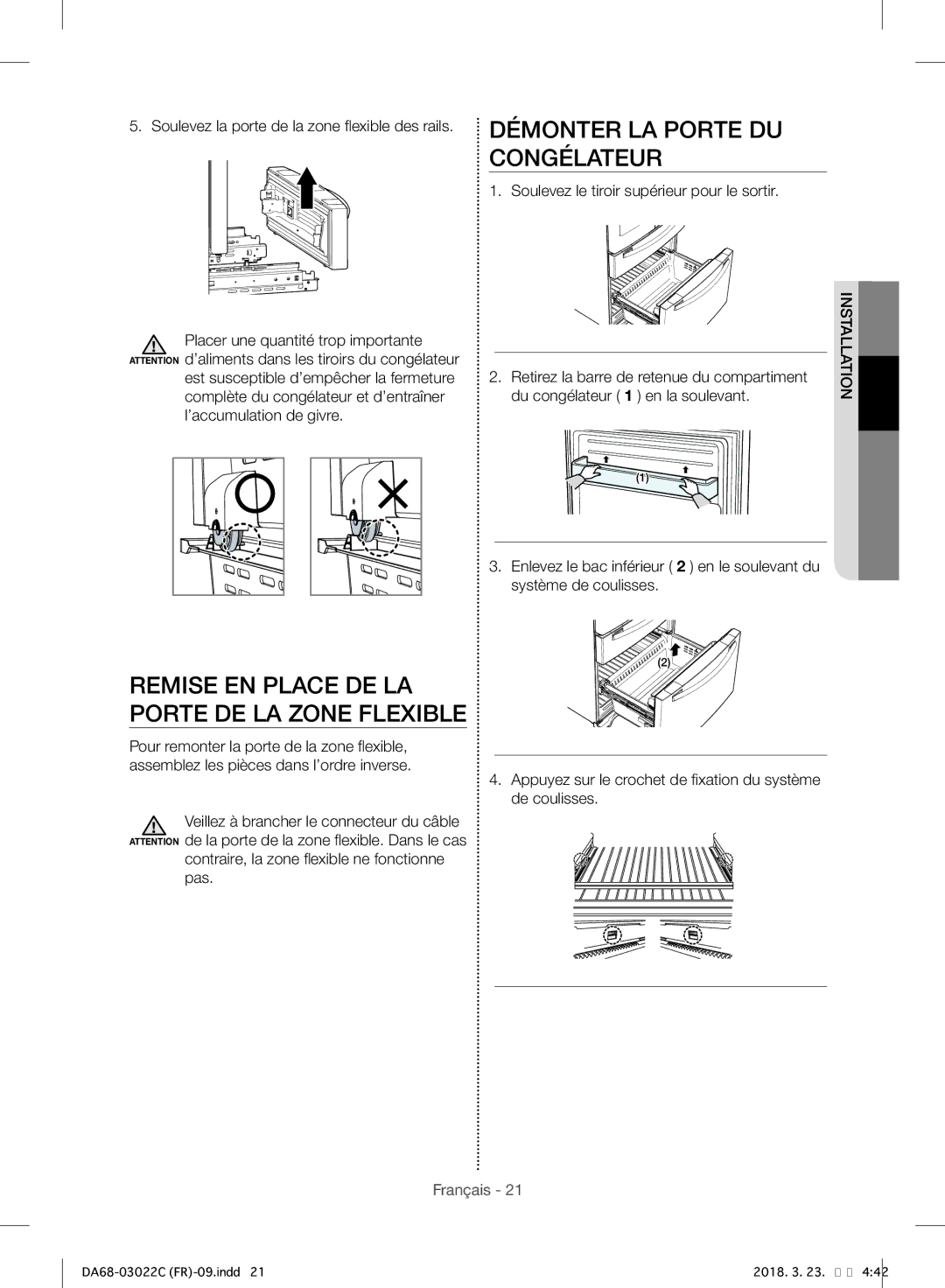 Samsung RF24HSESBSR/EF manual Démonter LA Porte DU Congélateur, Remise EN Place DE LA Porte DE LA Zone Flexible 