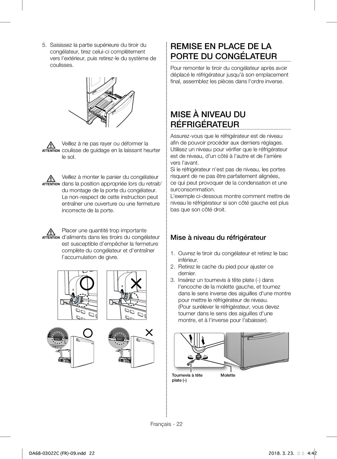 Samsung RF24HSESBSR/EF manual Remise EN Place DE LA Porte DU Congélateur, Mise À Niveau DU Réfrigérateur 