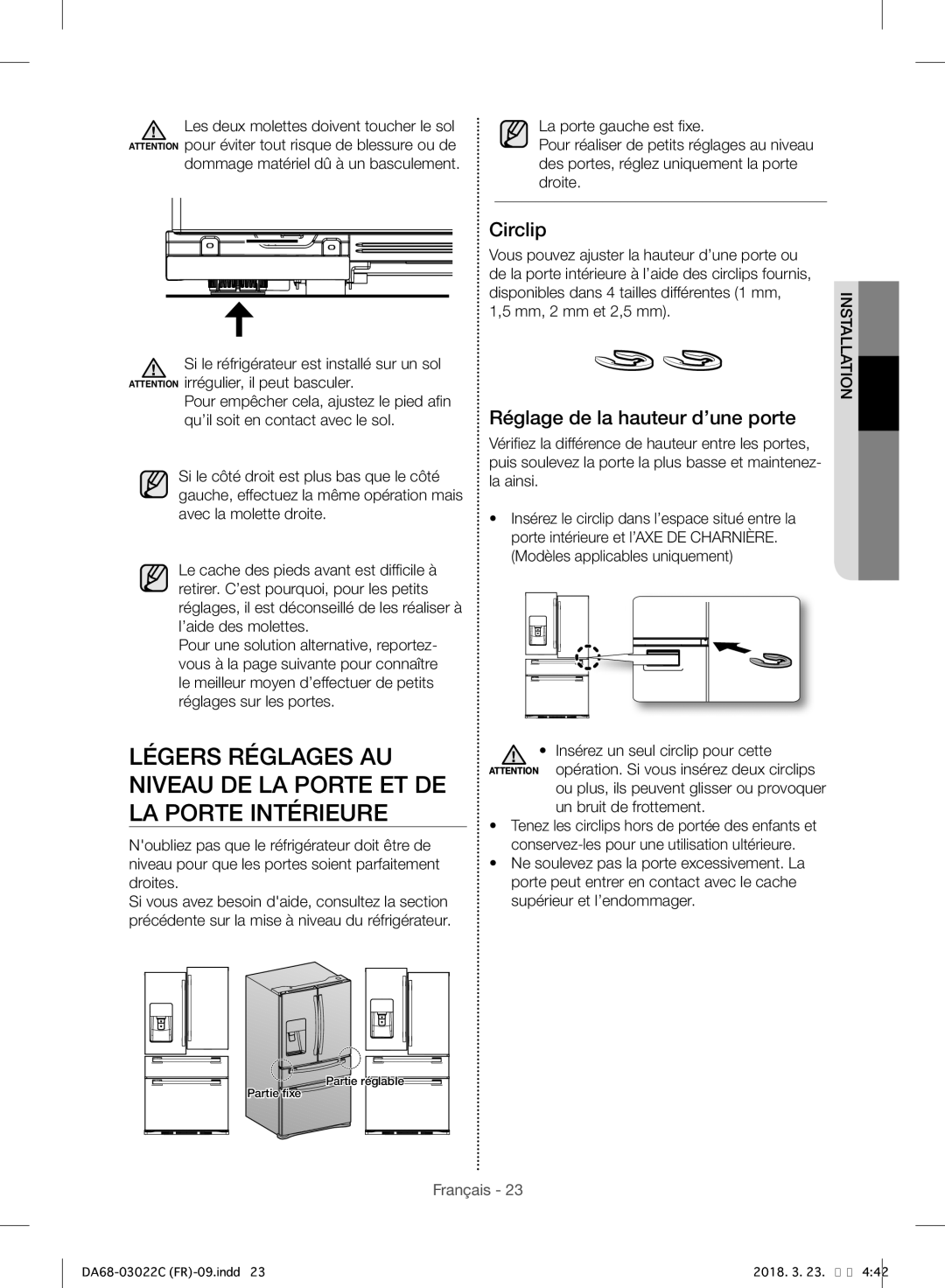 Samsung RF24HSESBSR/EF manual Circlip, Réglage de la hauteur d’une porte 