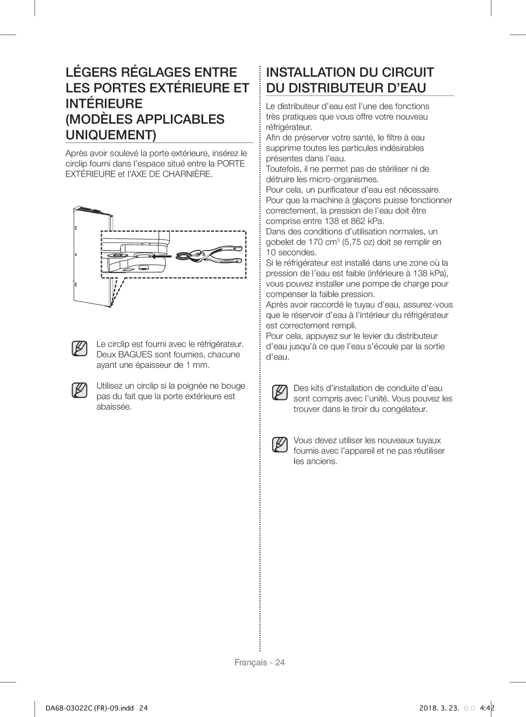 Samsung RF24HSESBSR/EF manual Installation DU Circuit DU Distributeur D’EAU 