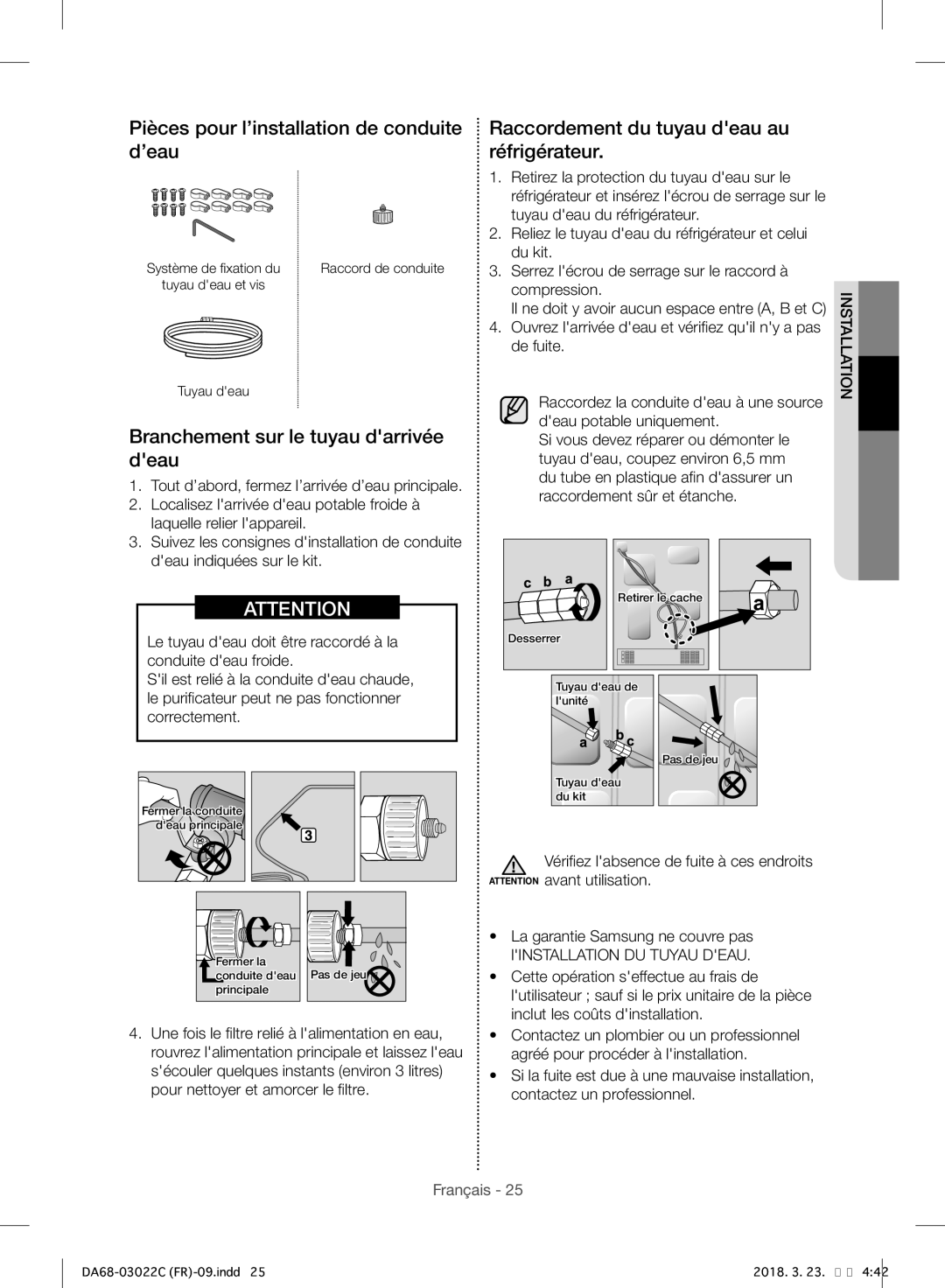 Samsung RF24HSESBSR/EF manual Pièces pour l’installation de conduite d’eau, Branchement sur le tuyau darrivée deau 