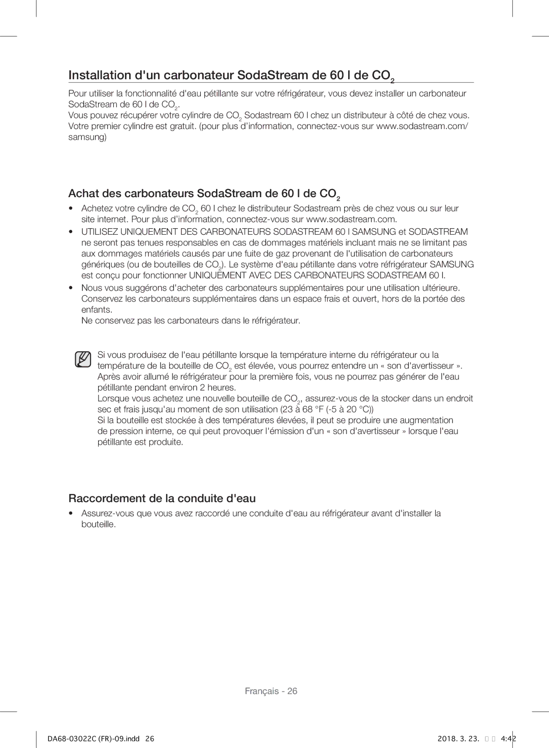 Samsung RF24HSESBSR/EF manual Installation dun carbonateur SodaStream de 60 l de CO2, Raccordement de la conduite deau 