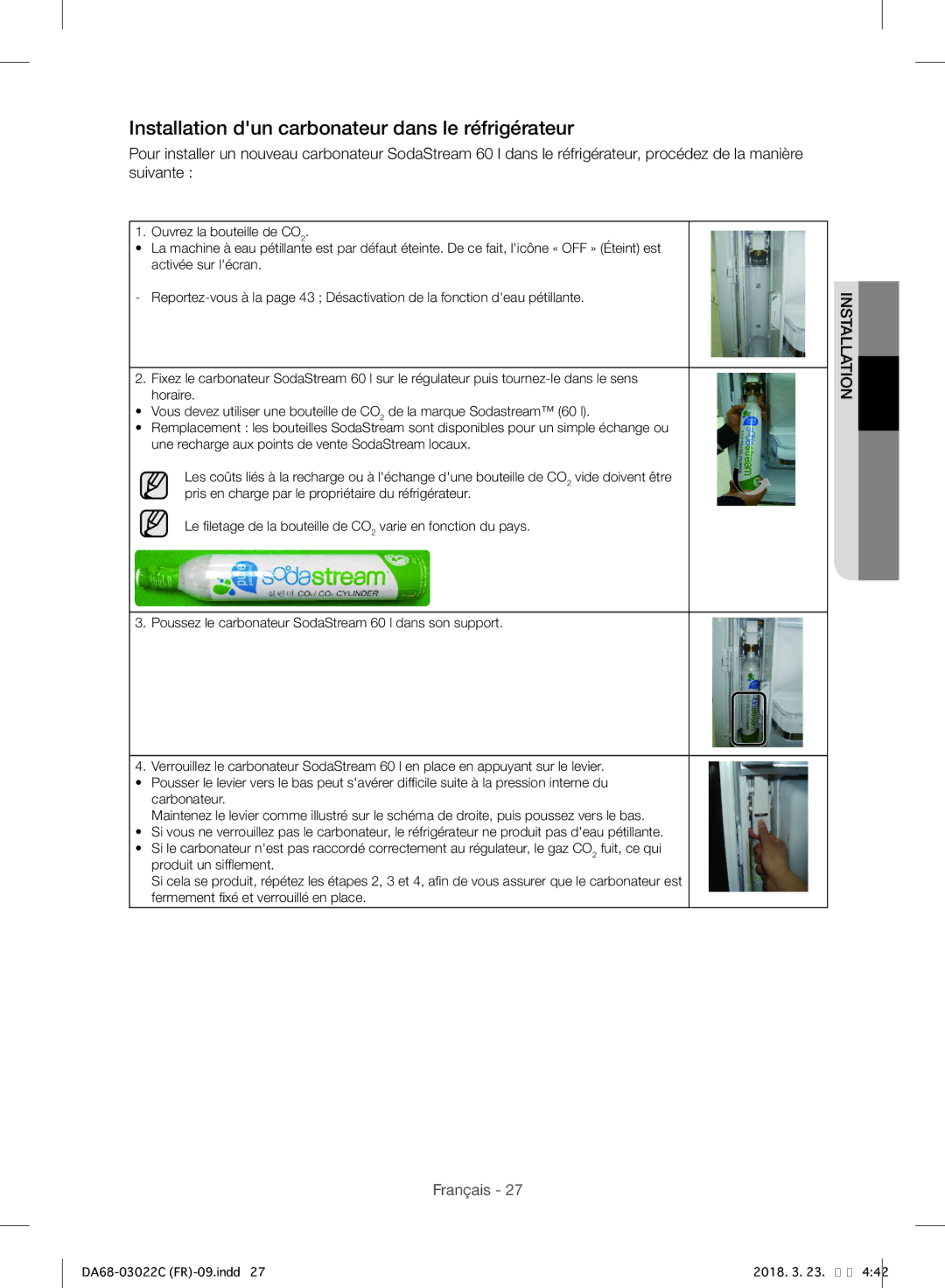 Samsung RF24HSESBSR/EF manual Installation dun carbonateur dans le réfrigérateur 