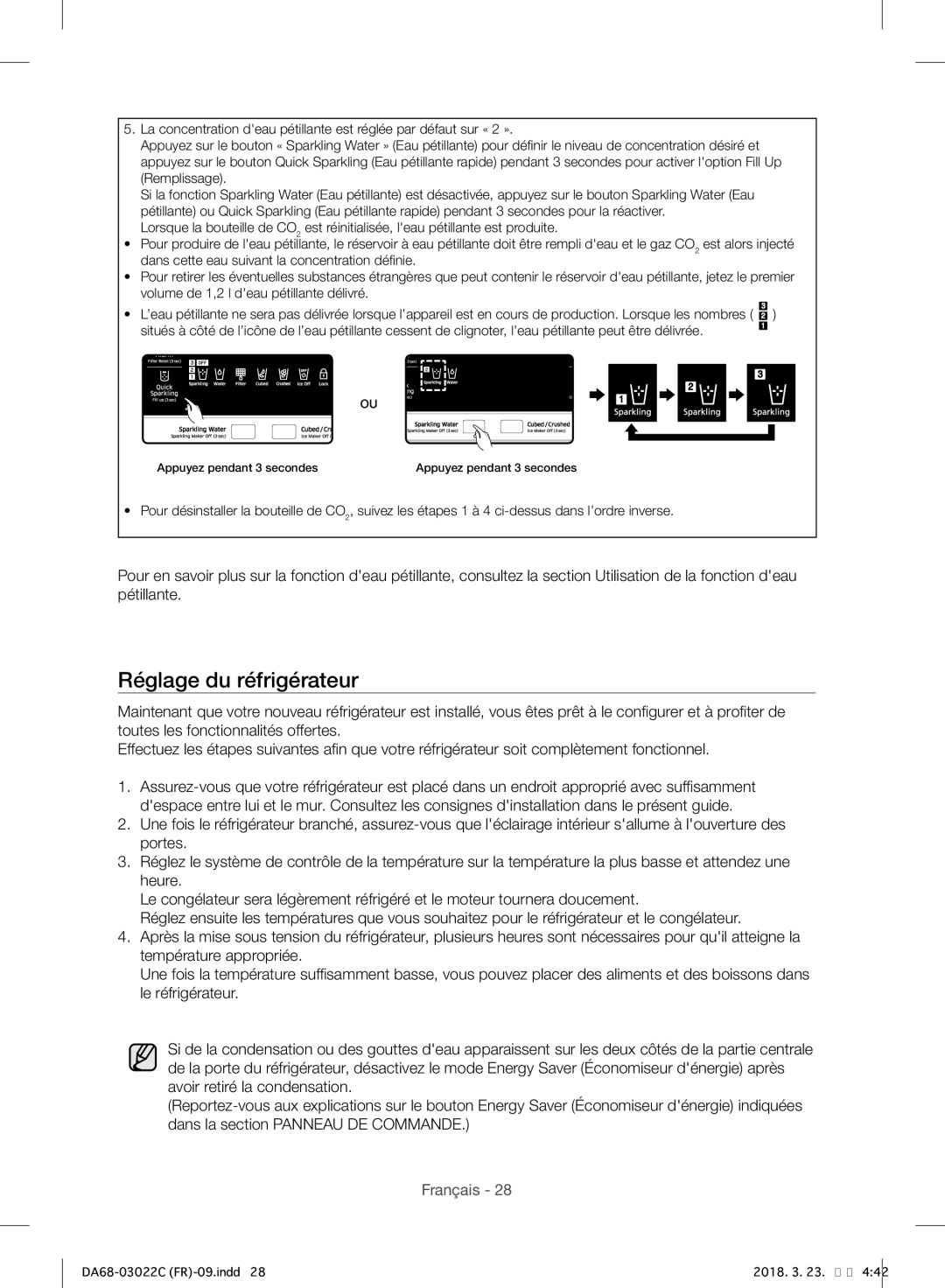 Samsung RF24HSESBSR/EF manual Réglage du réfrigérateur 