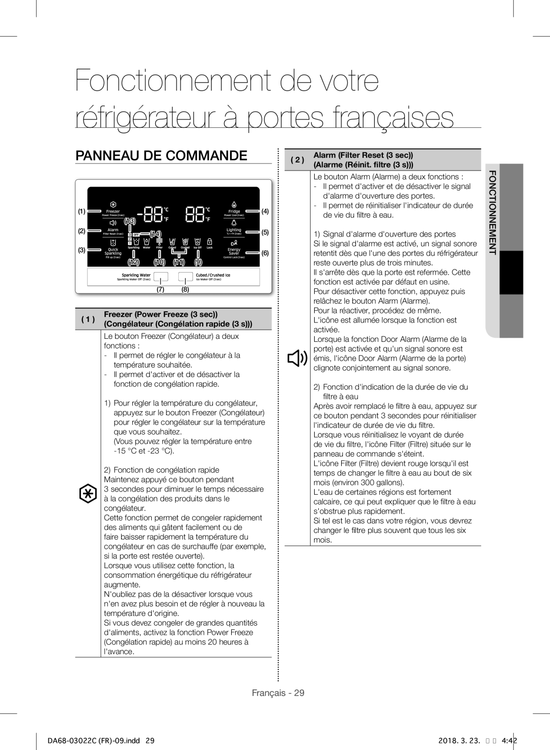 Samsung RF24HSESBSR/EF manual Fonctionnement de votre réfrigérateur à portes françaises, Panneau DE Commande 