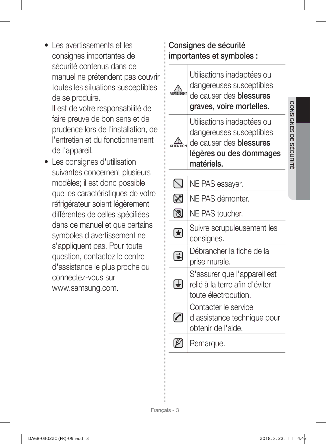 Samsung RF24HSESBSR/EF manual Consignes de sécurité importantes et symboles 