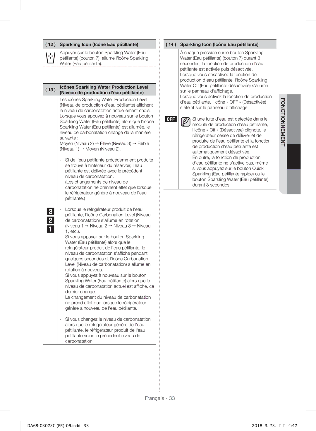 Samsung RF24HSESBSR/EF manual Icônes Sparkling Water Production Level 