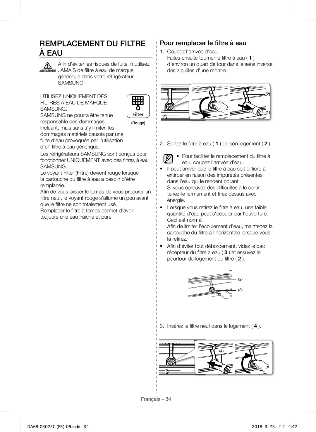 Samsung RF24HSESBSR/EF manual Remplacement DU Filtre À EAU, Pour remplacer le filtre à eau 