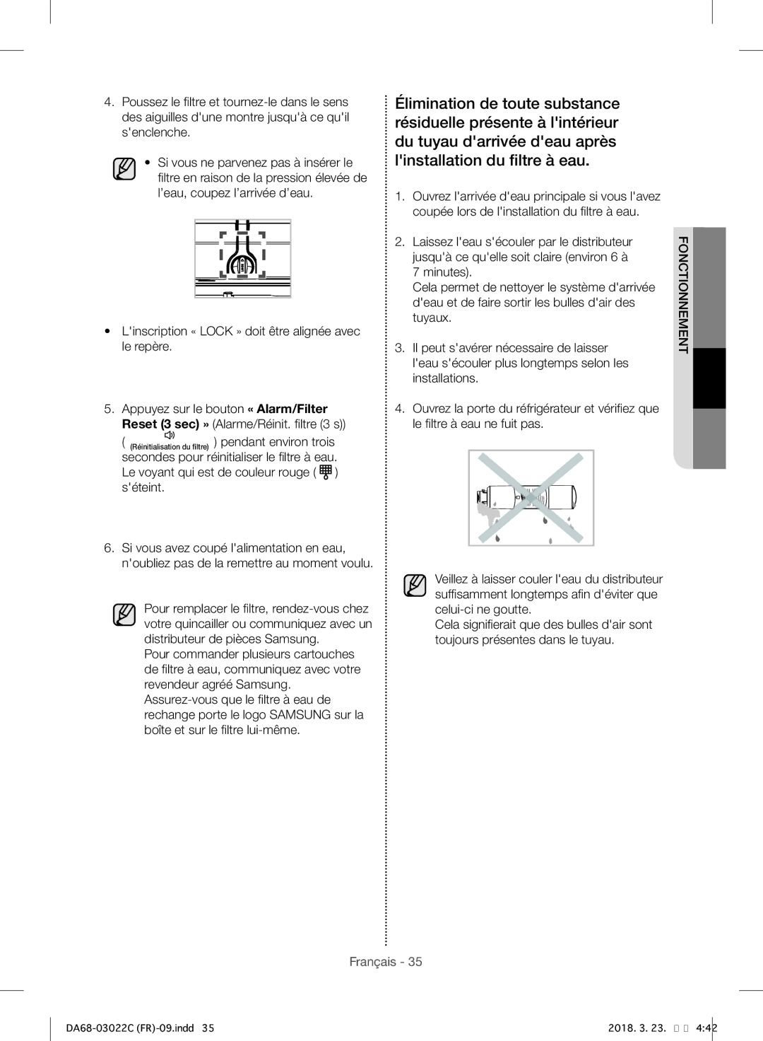 Samsung RF24HSESBSR/EF manual Réinitialisation du filtre pendant environ trois 