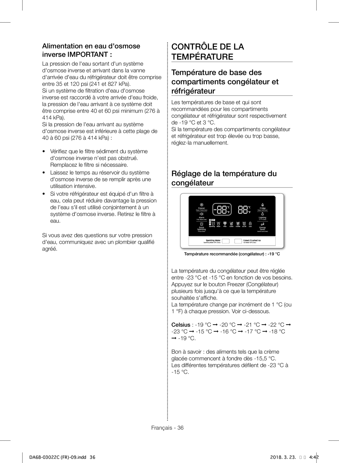 Samsung RF24HSESBSR/EF manual Contrôle DE LA Température, Réglage de la température du congélateur 