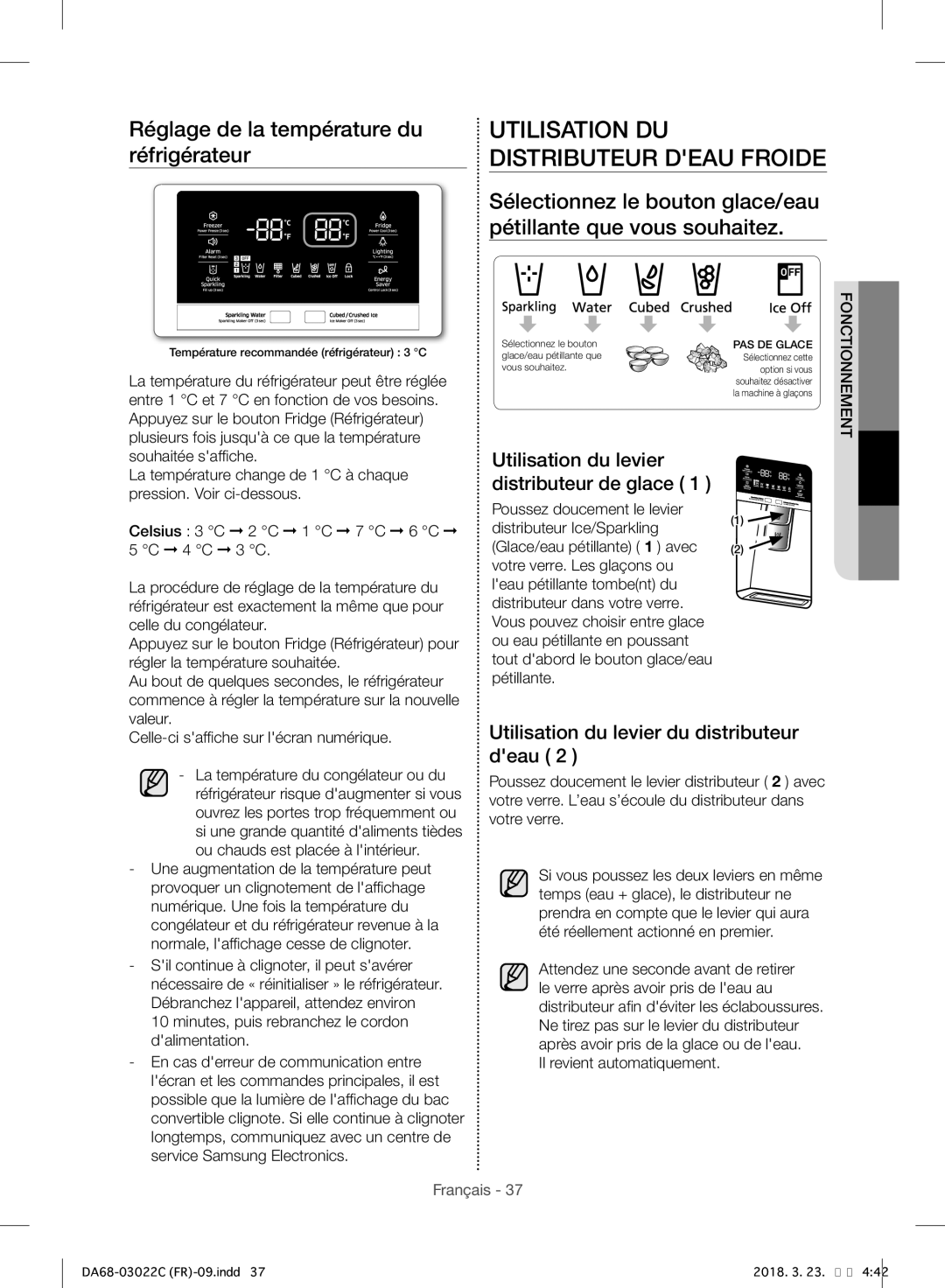 Samsung RF24HSESBSR/EF manual Utilisation DU Distributeur Deau Froide, Réglage de la température du réfrigérateur 