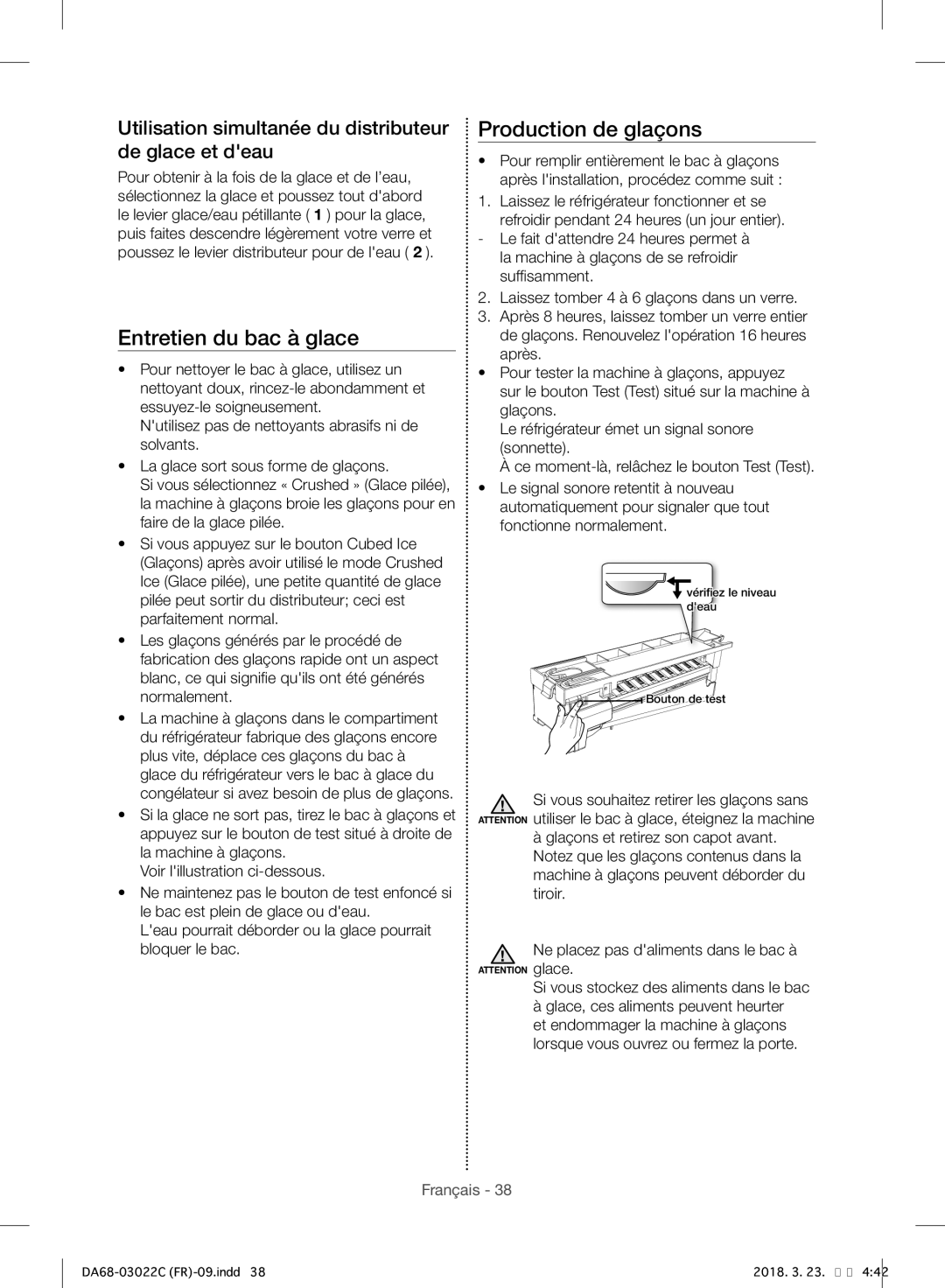 Samsung RF24HSESBSR/EF manual Entretien du bac à glace, Production de glaçons 