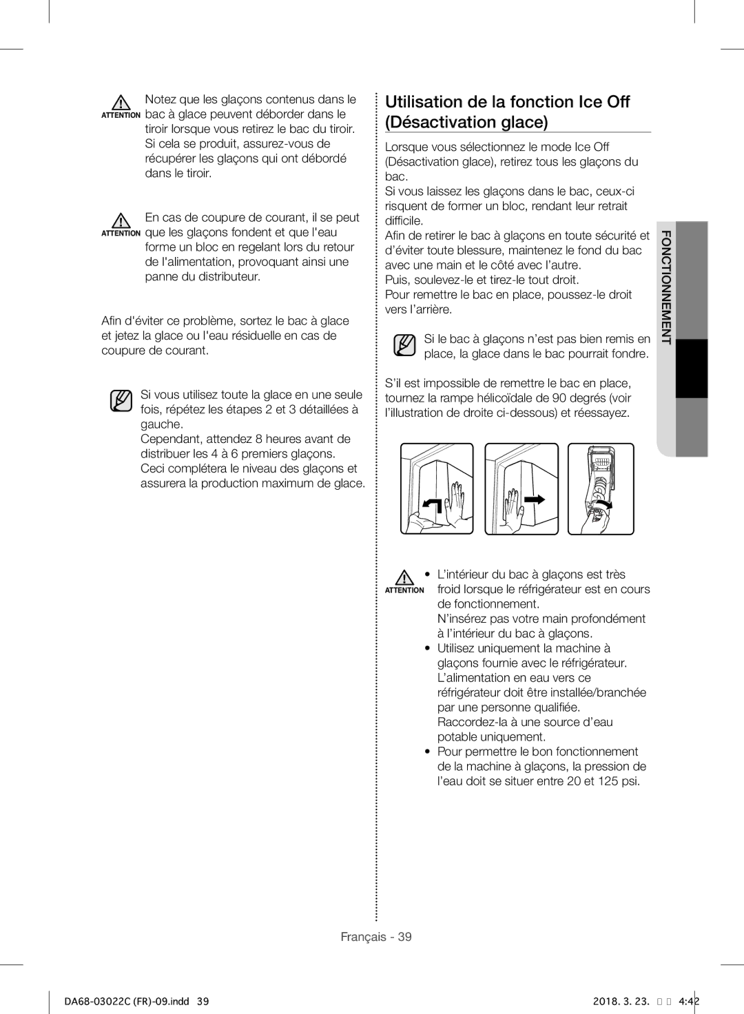 Samsung RF24HSESBSR/EF manual Utilisation de la fonction Ice Off Désactivation glace 