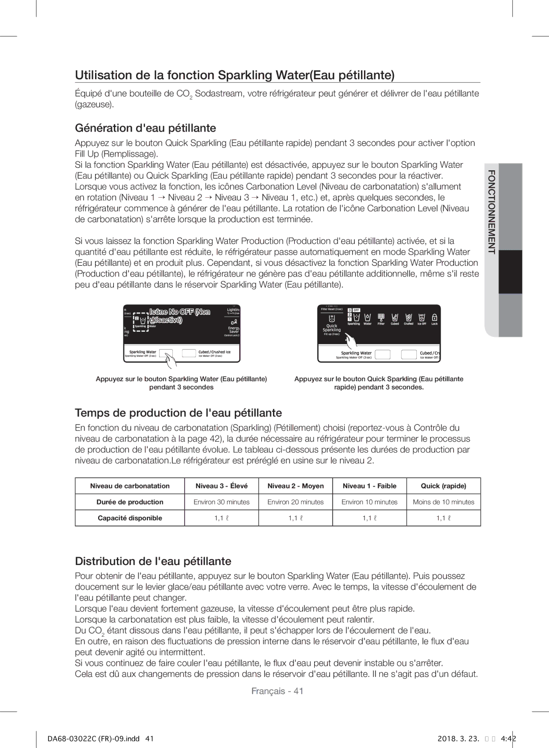 Samsung RF24HSESBSR/EF manual Utilisation de la fonction Sparkling WaterEau pétillante, Génération deau pétillante 