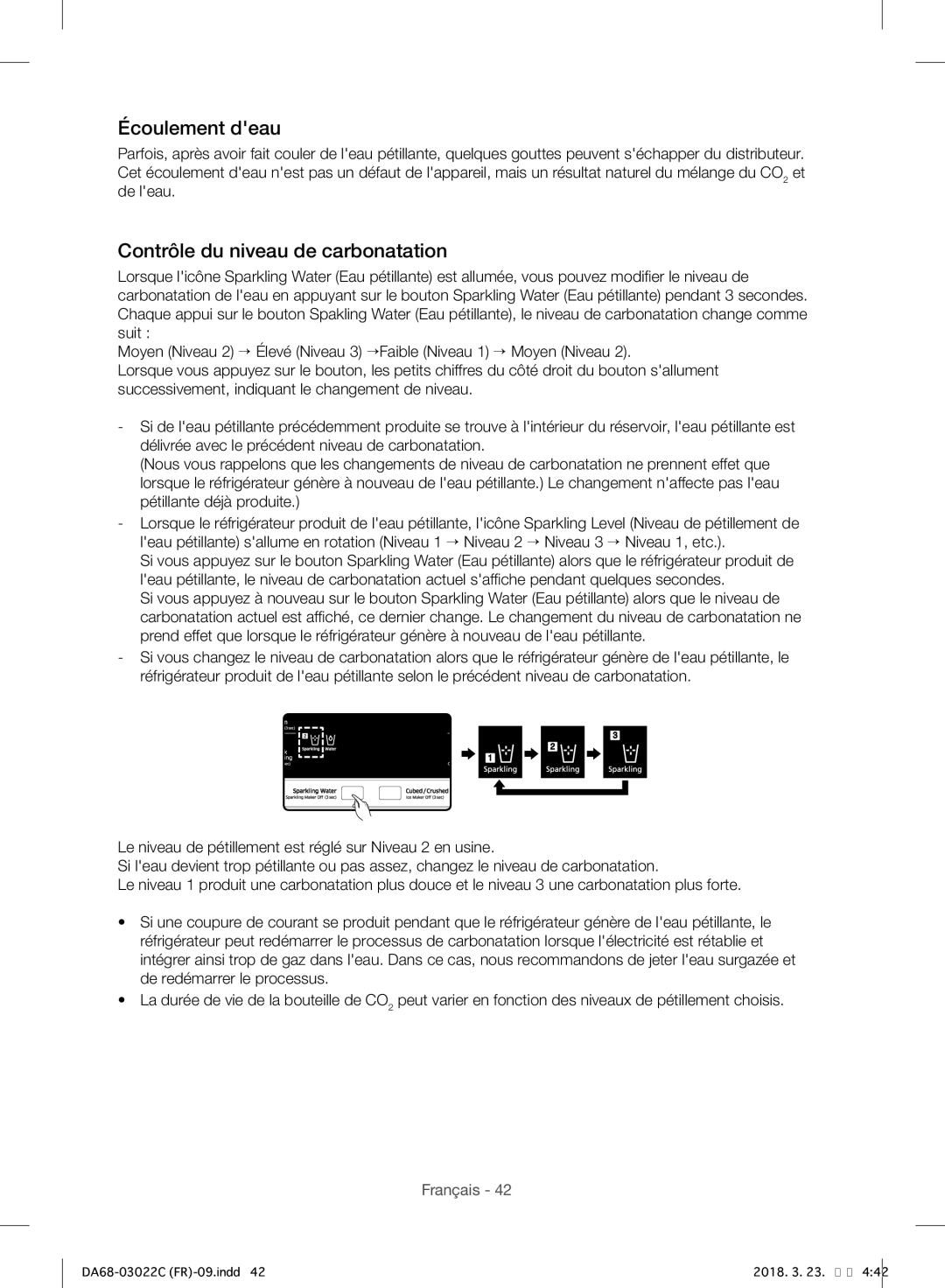 Samsung RF24HSESBSR/EF manual Écoulement deau, Contrôle du niveau de carbonatation 