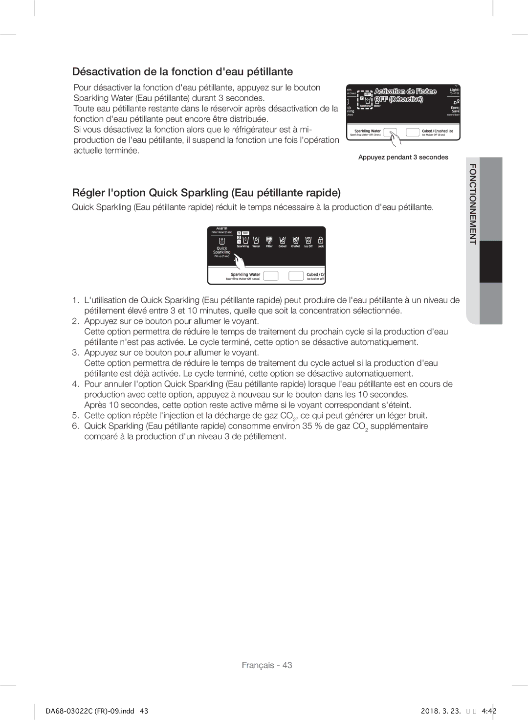 Samsung RF24HSESBSR/EF Désactivation de la fonction deau pétillante, Régler loption Quick Sparkling Eau pétillante rapide 